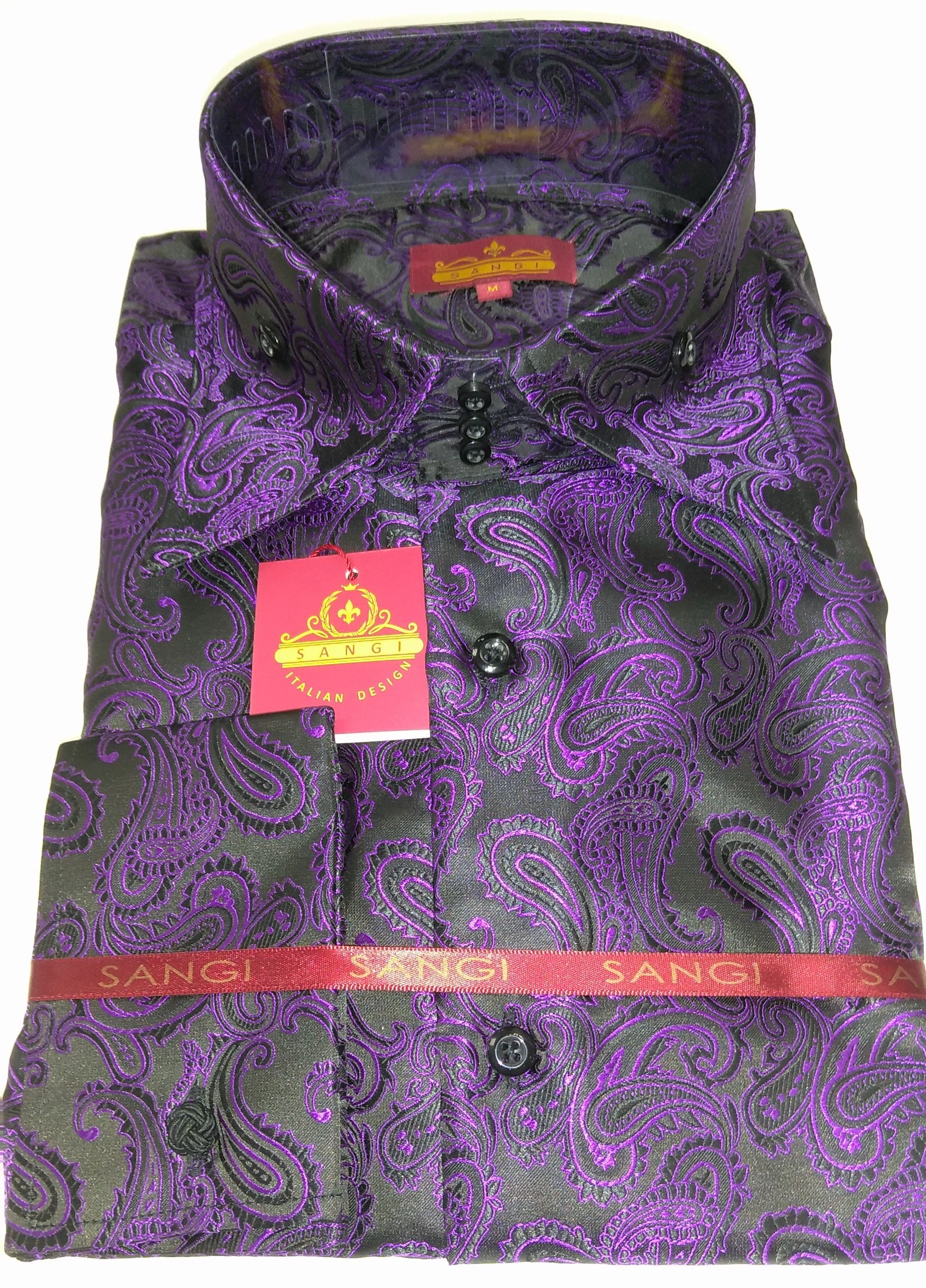 Męska koszula SANGI MILAN z fioletowo-czarnym paisley i wysokim kołnierzem, francuskie mankiety. Elegancja w każdym calu, numer 2042!